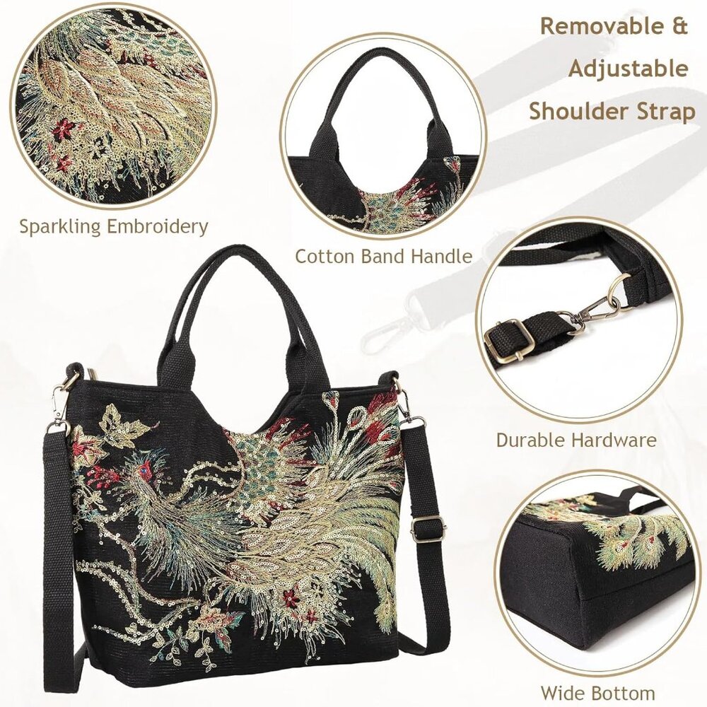 Women's Sequin Embroidery Bird Small Canvas Stylish Casual Shoulder Bags - Picture 4 of 6